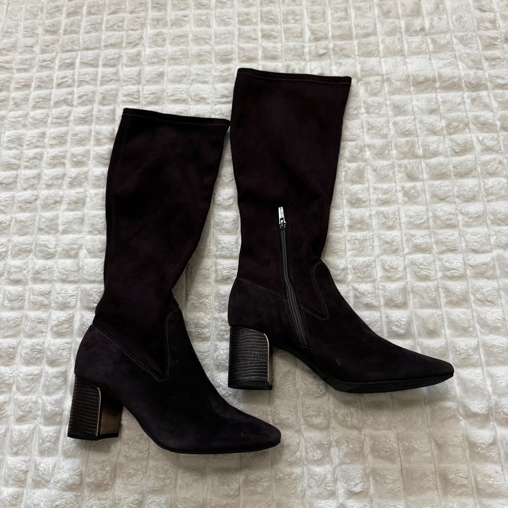 Donald Pliner 8.5 Cassidy Brown Suede Leather Block Heel Boots Mid Calf